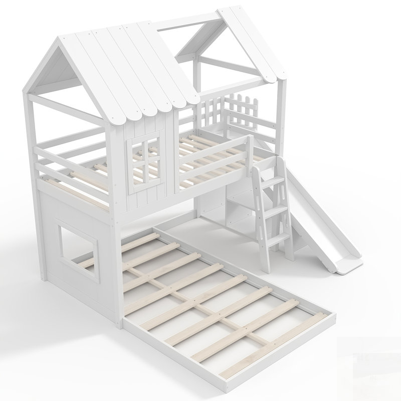House Bunk Bed With Ladders, Slides, Storage Shelves, And Wardrobe, Playhouse Design For Kids, White, Twin Over Full