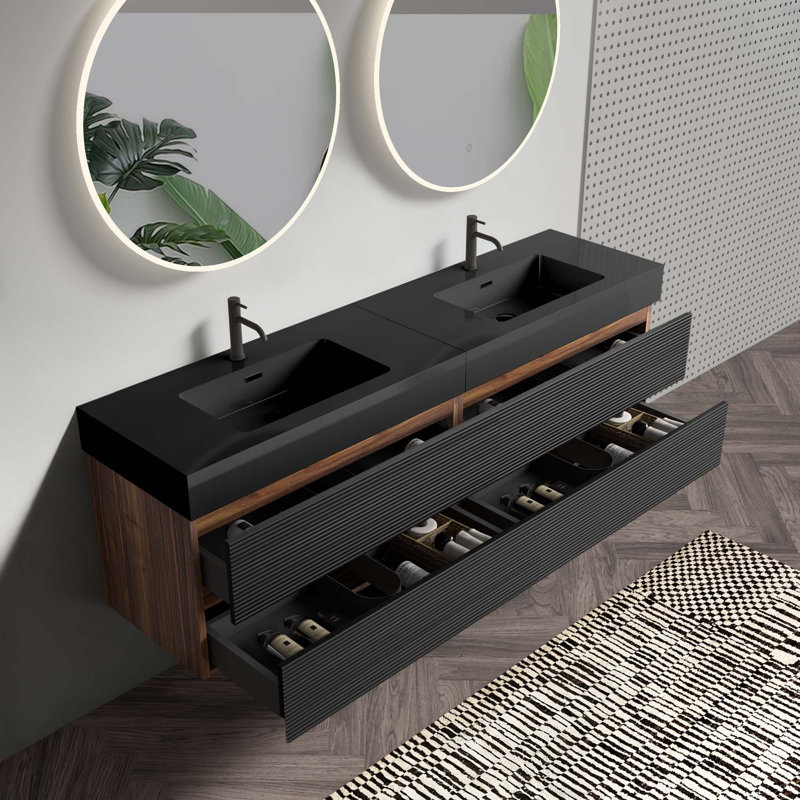 Meuble-lavabo mural 72 po (36 po * 2) avec lavabo à quartz et tiroirs, KD, Noir et brun, 72", Noir