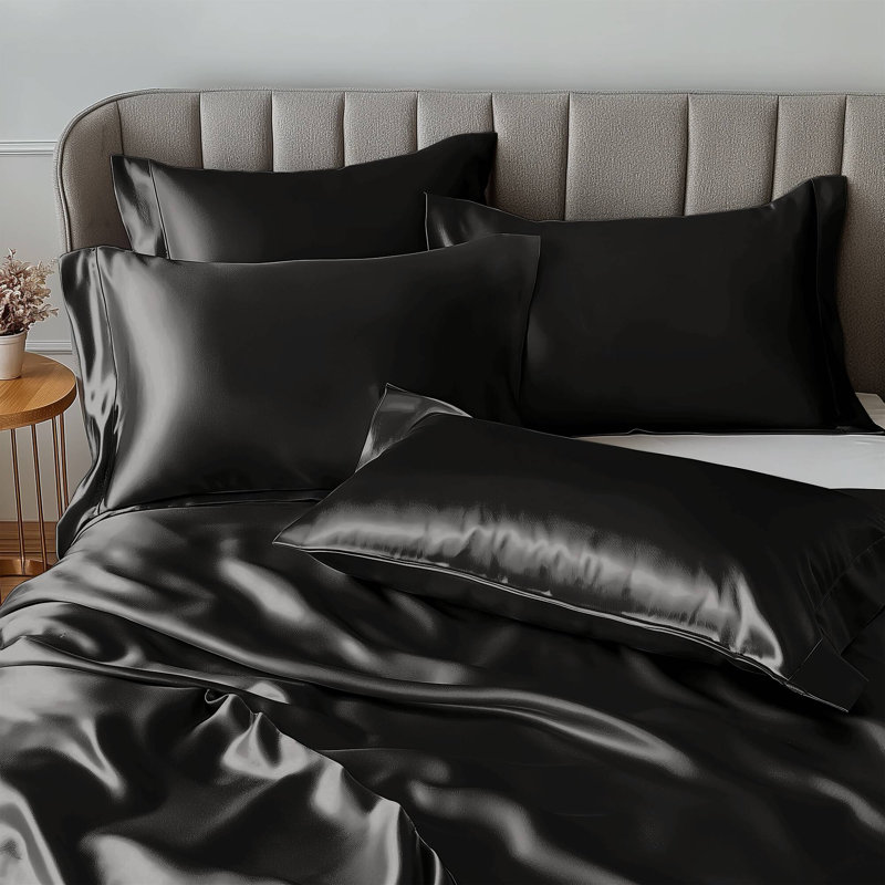 Ensemble de draps 4 pièces satiné 100% satin noir satiné, Ensemble de draps pour taille de lit double avec q, Noir