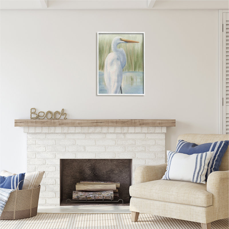 «Egret Marshland», peinture encadrée sur bois par Grace Popp, H 30 po x l 24 po x P 1,5 po, Giclée encadrée blanc bord de mer