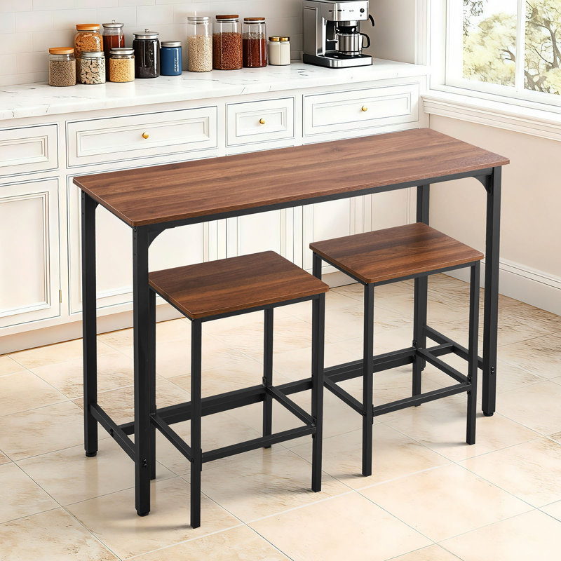 Table de bar, ensemble de tables de bar 3 pièces 47 po, tables de bar et ensemble de chaises à bords arrondis, table de pub rectangulaire avec deux tabourets pour bureau, coin déjeuner, mini-bar, brun rustique, noir