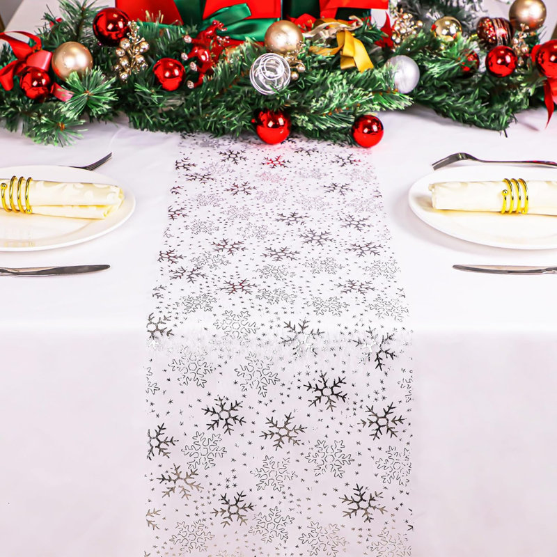 Christmas Snowflake Silver Table Runner 11 Inch x 100 Feet Sparkly Silver Foil Glitter Metallic Mesh Runners Dining Table Decorations for Seasonal Winter Xmas Festival Holiday Home Party