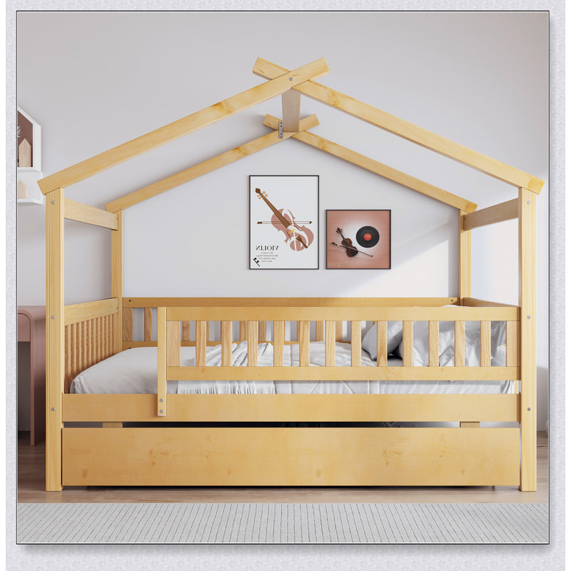 Wooden House Bed With Trundle, Natural