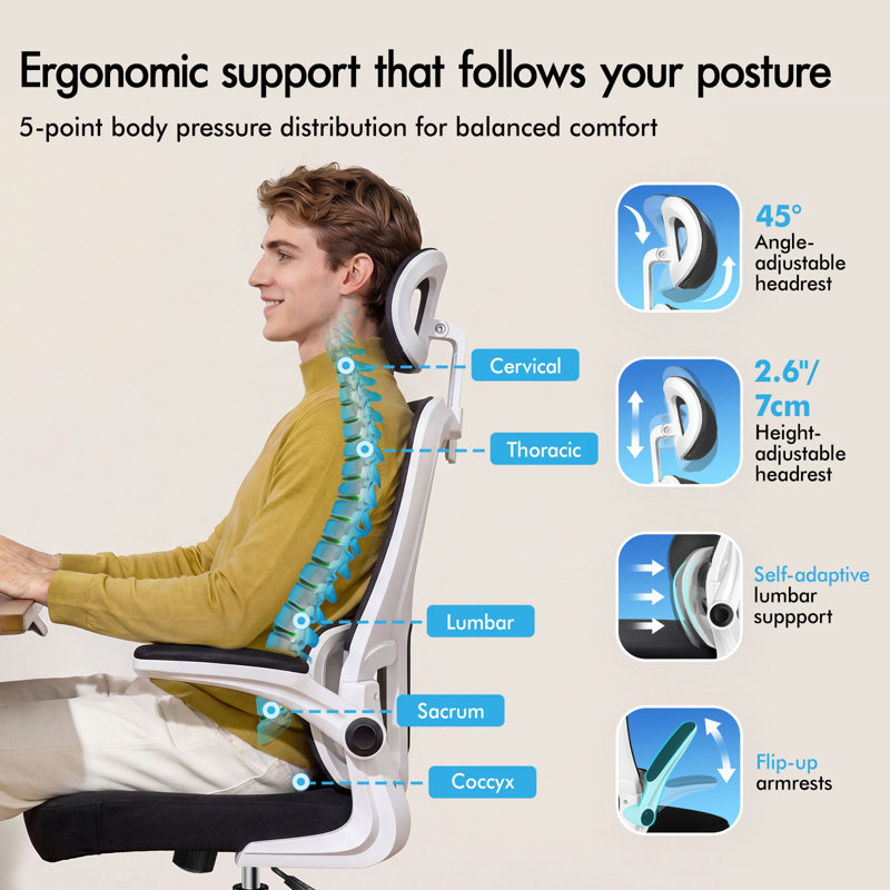  Mesh Office Chair Ergonomic Headrest Swivel Tilt Gas Lift Desk Gaming, Black, White
