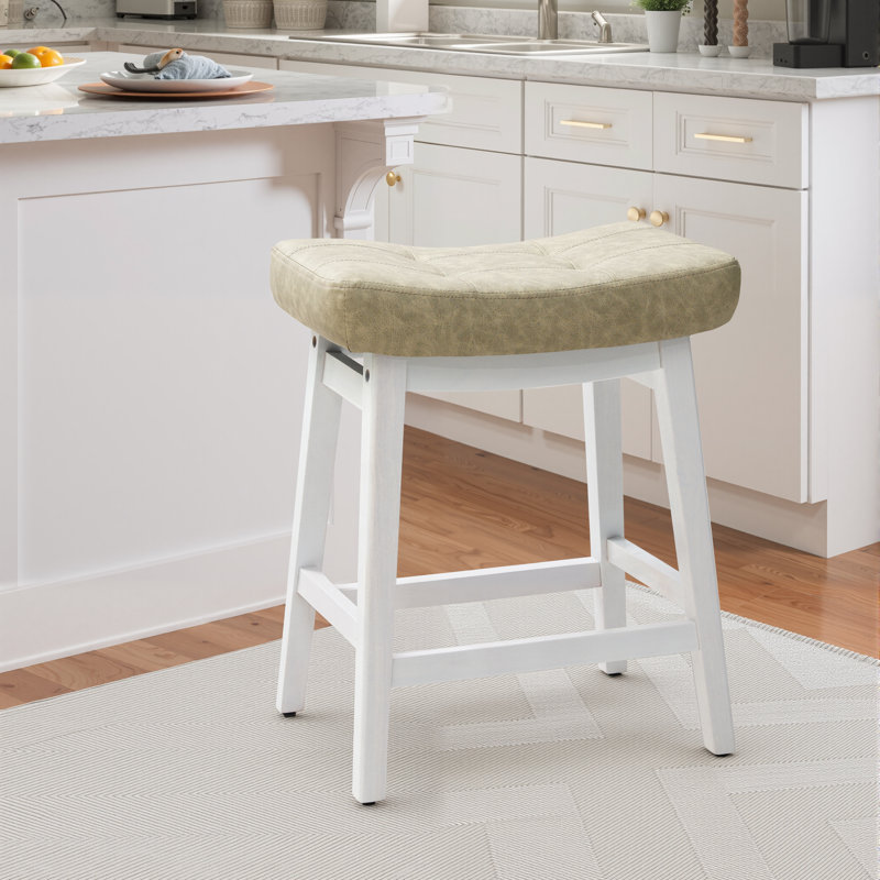 24" Solid Wood Saddle Bar Stools Ideal for Kitchen Island and Counter, PU Leather Light Gray Seat / White Frame
