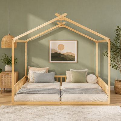 Lit double en forme de maisonnette avec barrières de sécurité, sans porte