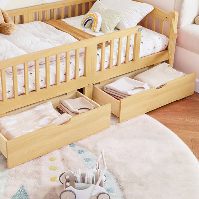 Twin Kids Platform Bed with Full-Length Guardrails and Under-Bed Storage