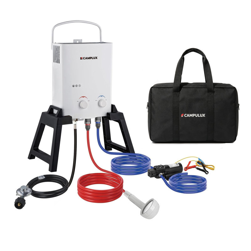 Chauffe-eau instantané au propane CAMPLUX 1,32 GPM 34 000 BTU pour le camping extérieur, avec pompe à eau de 1,2 GPM, support autoportant et sac de transport.