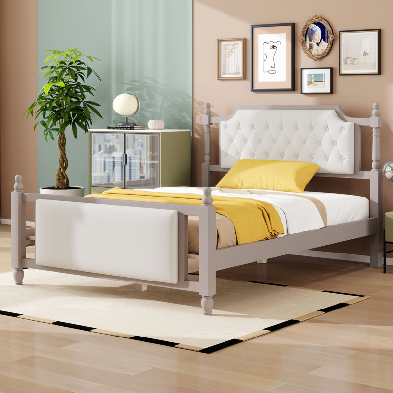 Lit plateforme tapissier avec tête de lit capitonnée à boutons, lit en bois avec tête et pied de lit en velours, Queen, Taupe