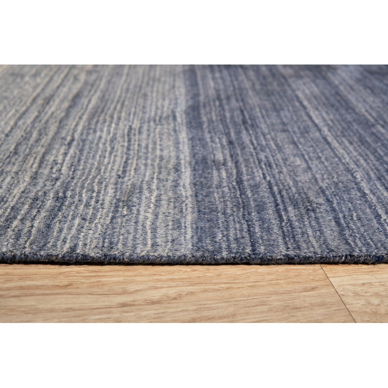 8x10 Blue Hand-Knotted Wool Subtle Ombre Stripes Modernist Contemporary Carpet Rug