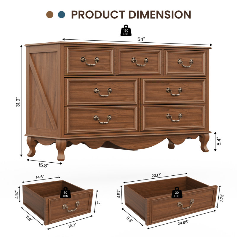 Commode vintage 7 tiroirs de 137 cm de large, élégante commode de rangement en bois au design classique, grand meuble de rangement pour chambre à coucher avec tiroirs à glissières douces