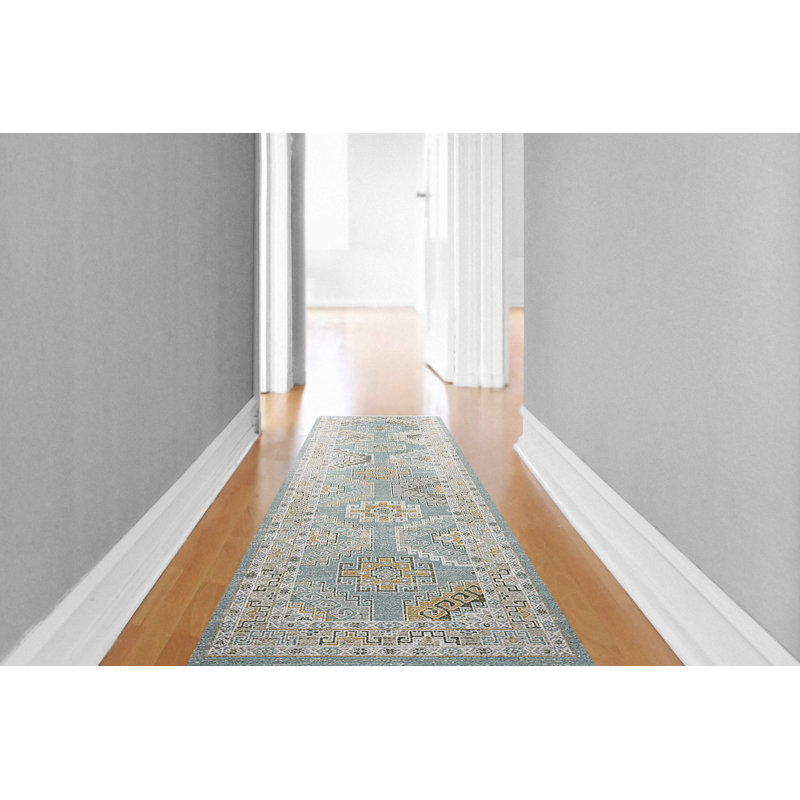 Annalise 7607-581 Bleu / beige / crème, Tapis de couloir 2 pi 2 po x 7 pi 7 po
