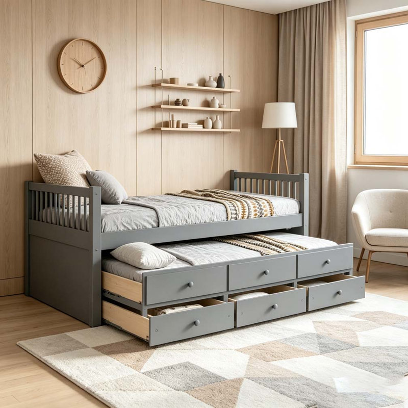 Lit de jour avec couchette et tiroirs, Grey, Lit simple