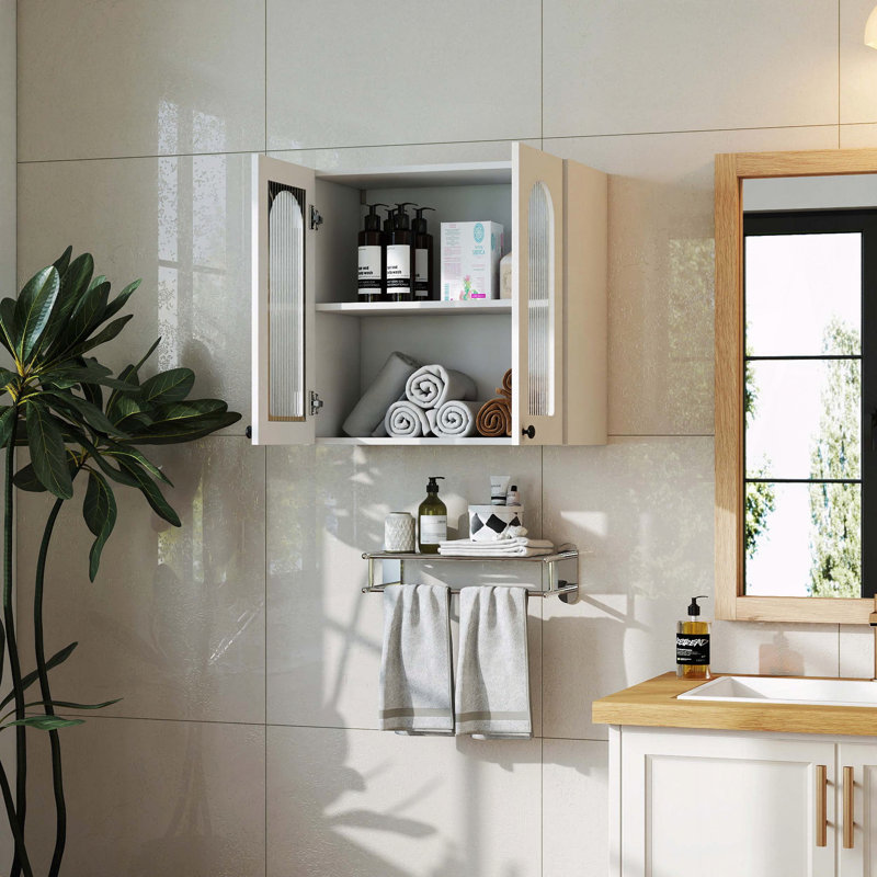 Armoire murale avec porte en verre arquée et tablettes réglables