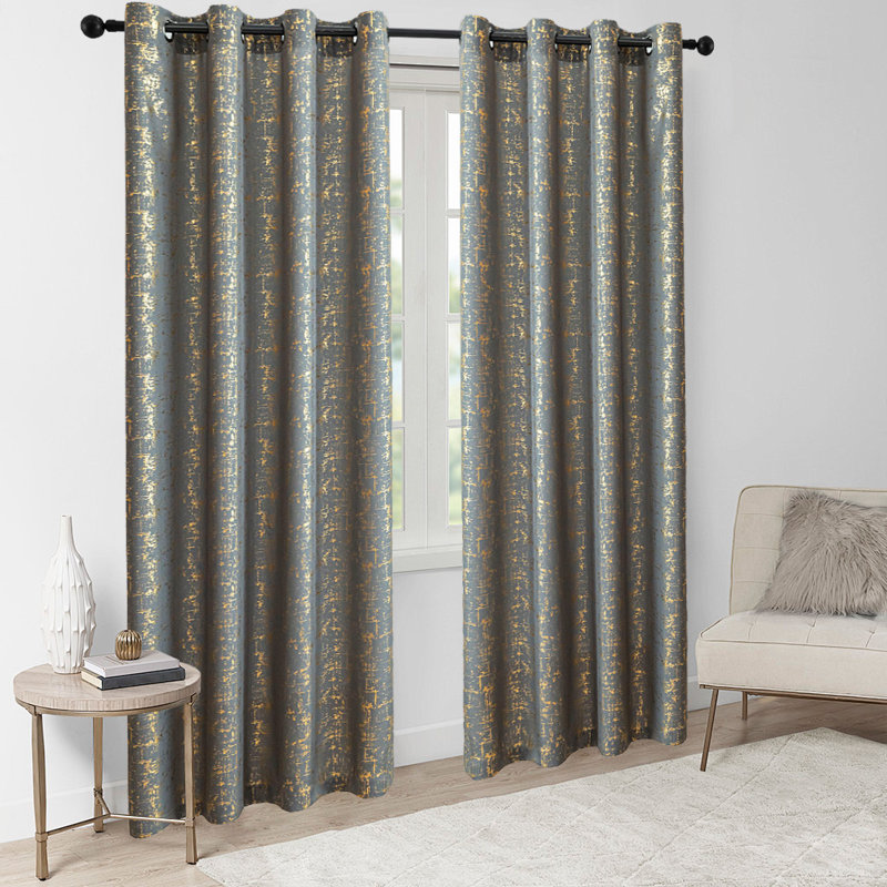 Foil Print Linen Textured Curtains, Grommet Top, 2 Panels Set, 52" W x 72" L