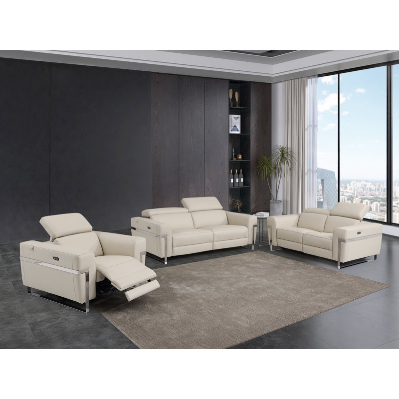 Ensemble de canapé, causeuse et fauteuil inclinables électriques en cuir italien 3 pièces Reyer, Cuir véritable beige