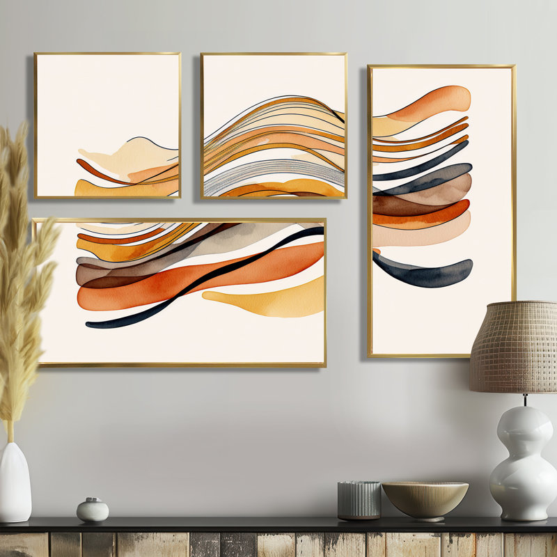 «Burnt Orange Waves Abstract I» - Décoration murale moderne jaune 4 pièces, Impression encadrée sans passe-partout, Doré