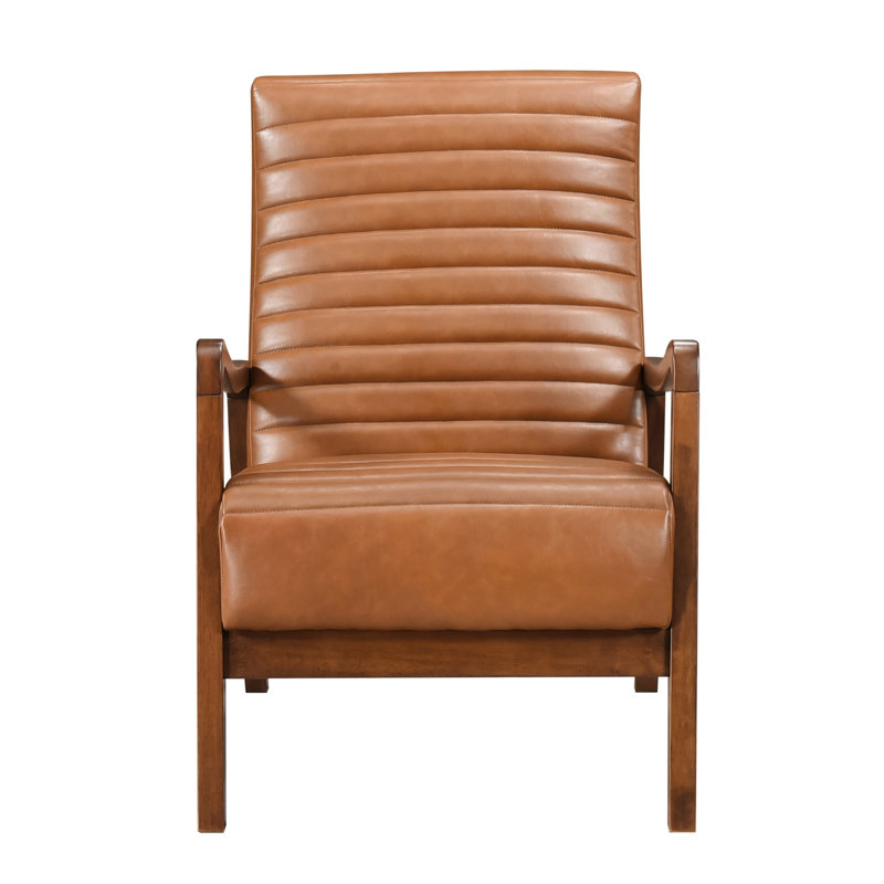 Fauteuil d'appoint en similicuir brun, structure en bois d'hévéa massif, aspect noyer