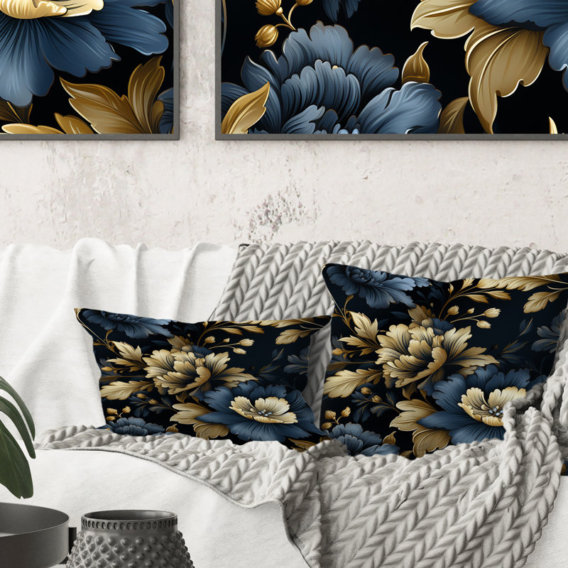 Coussin décoratif en polyester damassé Glamour V bleu foncé et doré, H 18 po x l 18 po