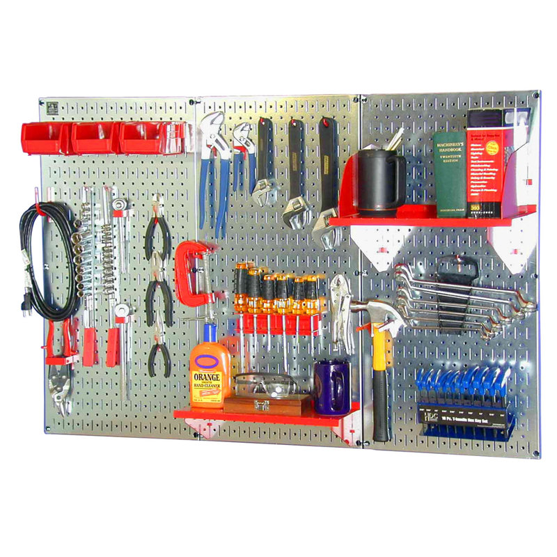 Ensemble de panneau perforé de rangement pour outils standard H 32 po x 48 po, Galvanisé et rouge