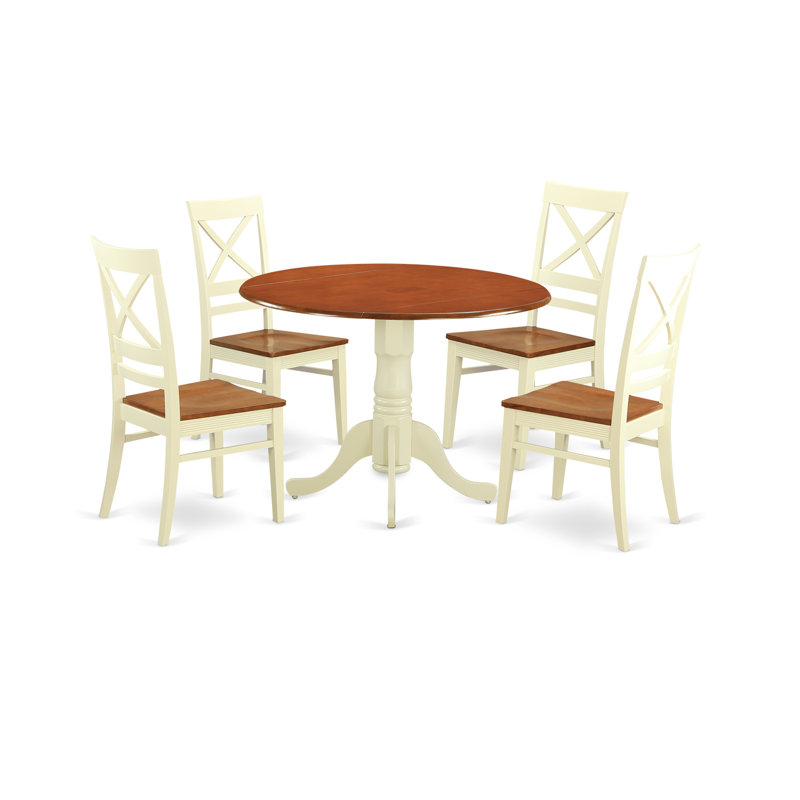 5 Piece Dining Table Set for 4 Includes a Round Kitchen Table with Dropleaf and 4 Dining Room Chairs, 42x42 Inch, Buttermilk & Cherry