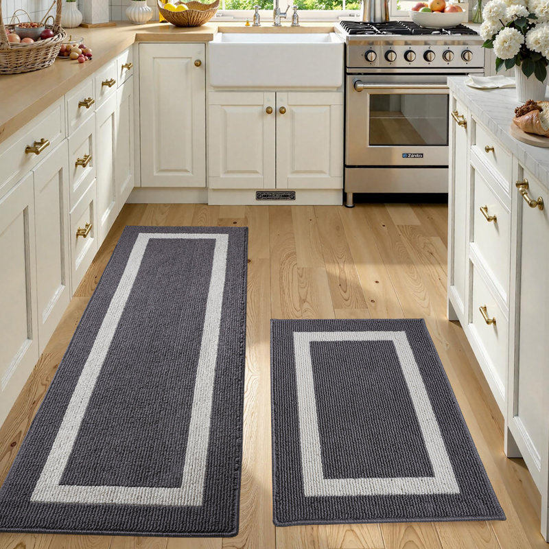 Kitchen Mats 2-Piece Non Slip,Absorbent Dirt-Resistant Machine Washable Rug for Laundry,Entry, Grey