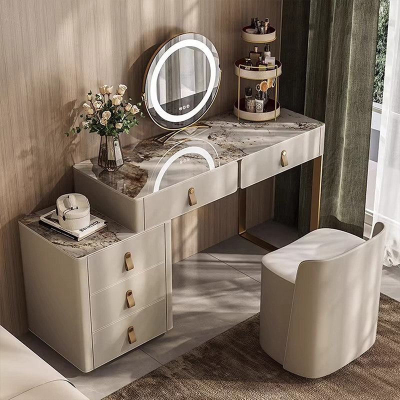 Coiffeuse avec miroir lumineux, 5 tiroirs, 1 chaise