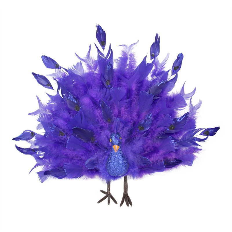 Regal Peacock Purple and Blue Peacock with Open Tail Feathers Christmas Tabletop Decor, 17" H x 20" W x 6" D