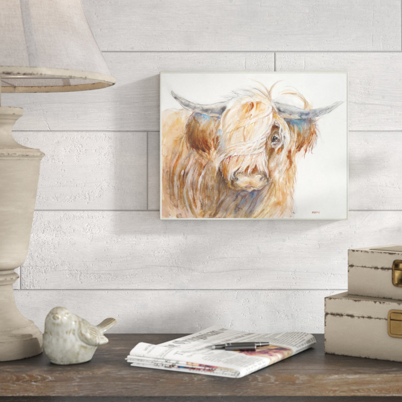 «Brown Horned Bull with Wind Swept Long Hair», reproduction d'impression, H 10 po x l 15 po x P 0,5 po, Plaque murale