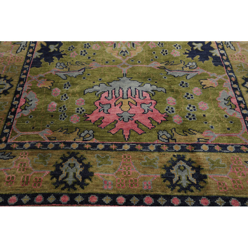 Tapis multicolore en laine noué à la main Oushak William Morris vert, rouille, Rectangle 9 pi x 12 pi
