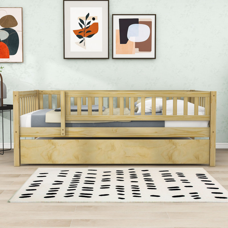 Wood Daybed with Twin Trundle and Guardrails, Natural, Twin