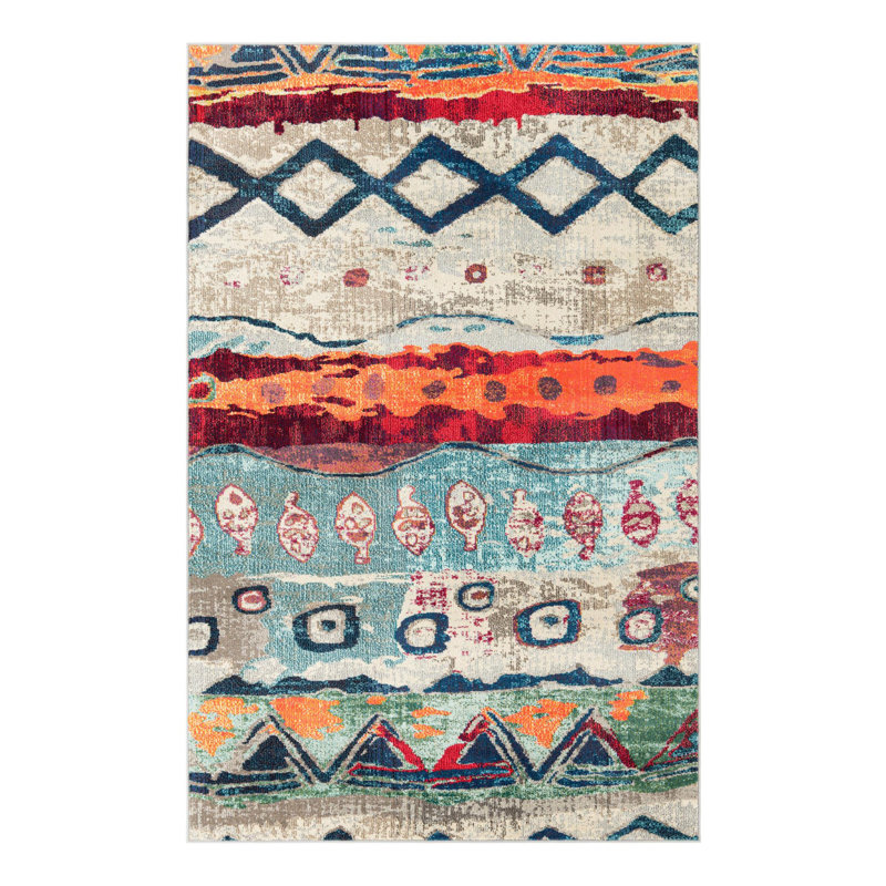 Machine Woven Polypropylene Area Rug in Teal/Orange/Beige, Rectangle 5'3" x 8'