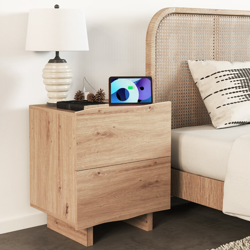 Parthenia 18.9'' Wide Nightstand In Wood Finish With Built-In Power Outlet, Peach Wood