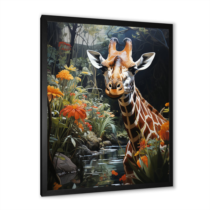 Girafe élégante girafe pastorale I - animaux, art mural salon, H 20 po x l 12 po x P 1 po, Cadre photo noir