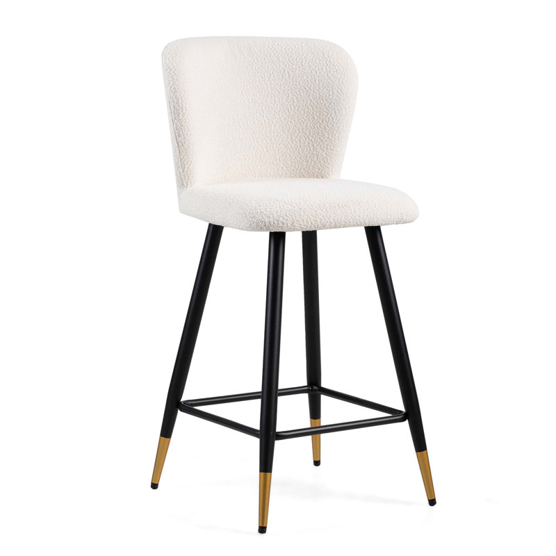 Tabouret de bar de 25,79 po de style moderne avec sièges blancs, pieds en métal noir et extrémités dorées, convenant à divers styles de décoration