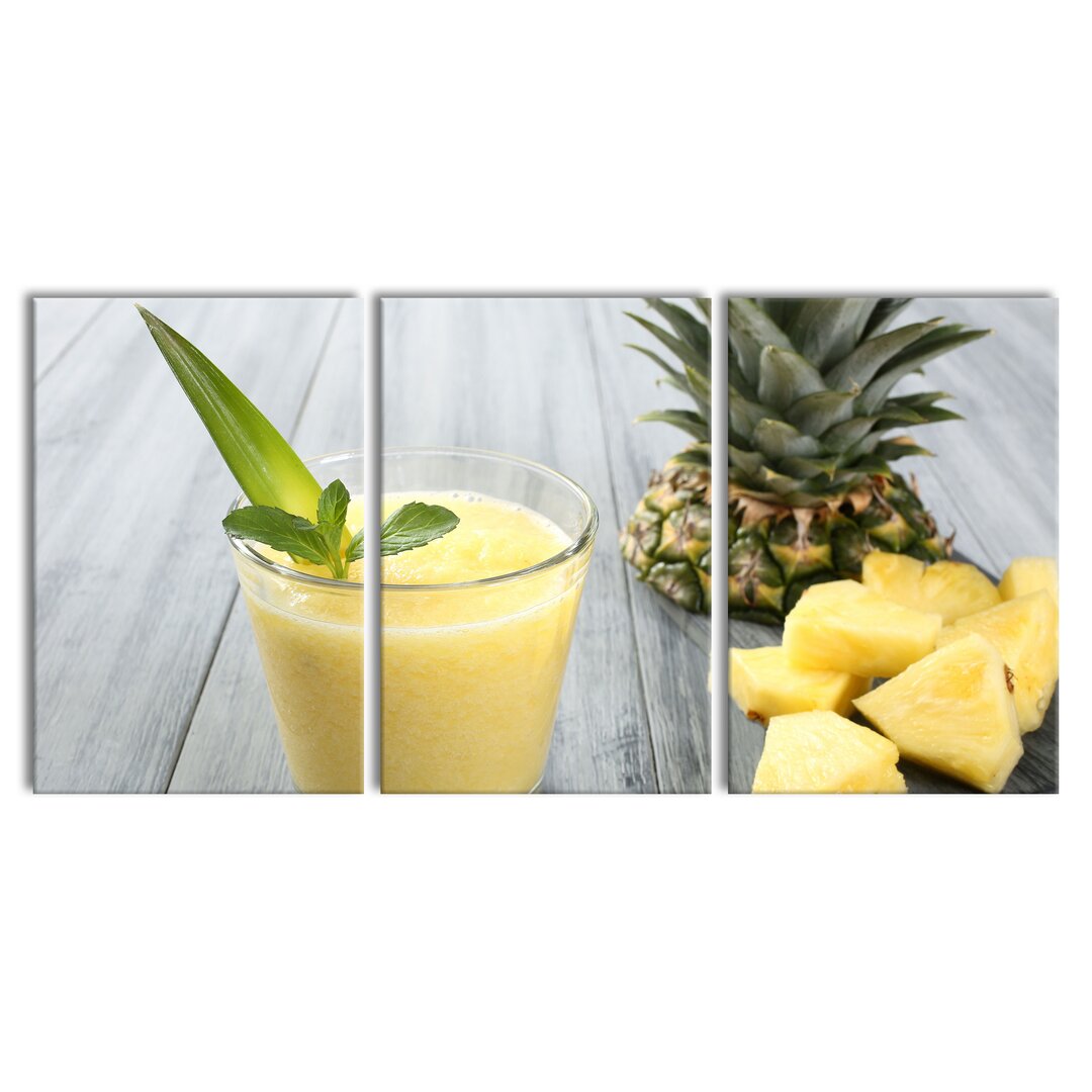 3-tlg. Leinwandbilder-Set Ananas Cocktail auf Holztisch