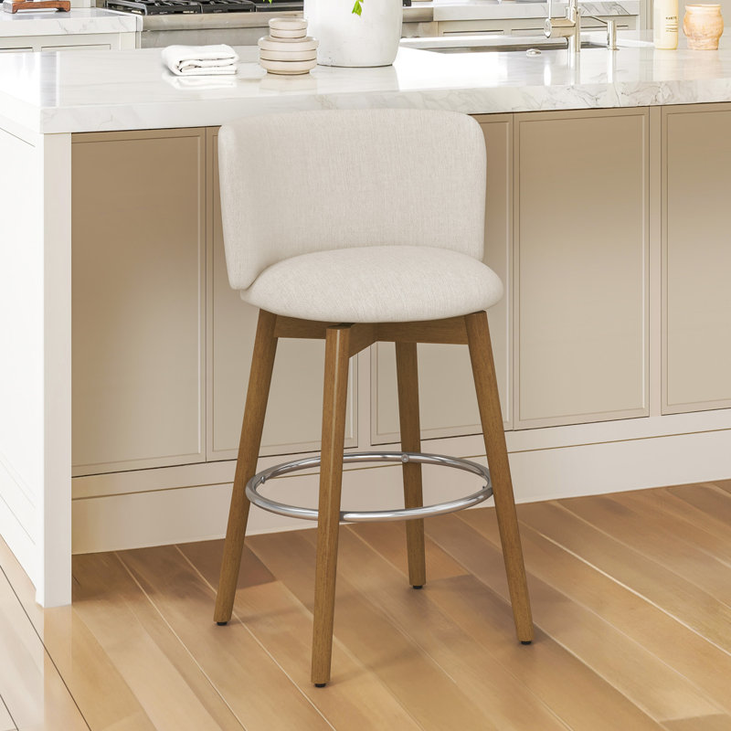  26'' Swivel Bar Stool - Fabric, Beige Seat/ Natural Base