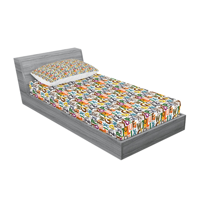 Ambesonne Alphabet Fitted Sheet & Pillow Sham Multicolor, Twin Sheet Set + 3 Additional Pieces