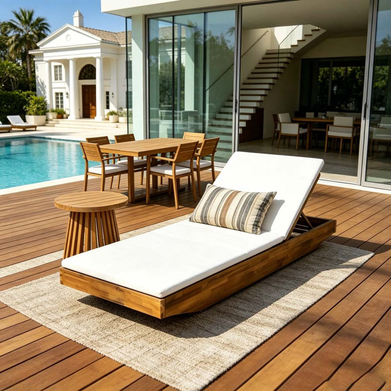 Chaise longue en bois avec coussin, Coussin mince en teck et crème