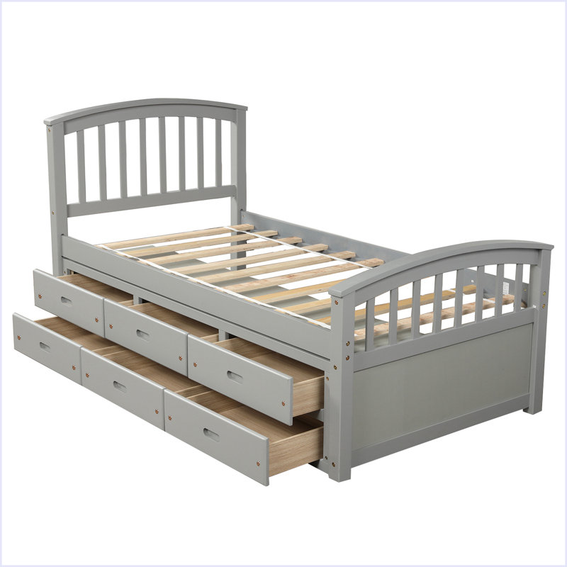 Lit plateforme simple avec rangement en bois massif et 6 tiroirs, Gris