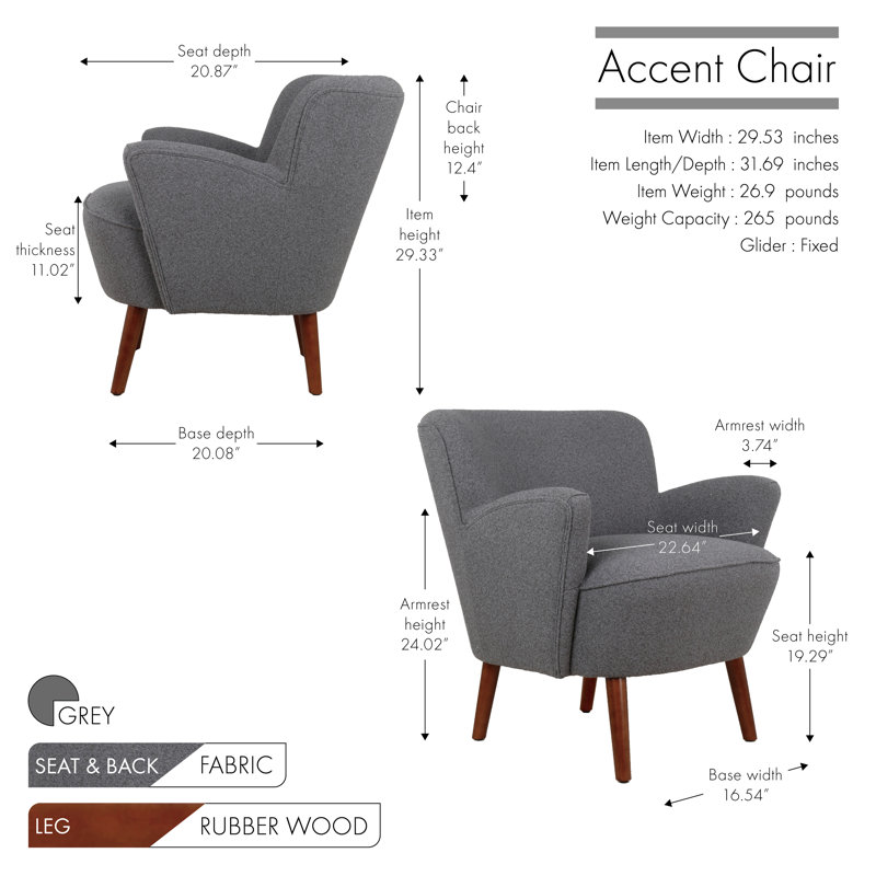 Jeovoni Fabric Accent Chair with Rubberwood Legs, Grey Polyester Blend