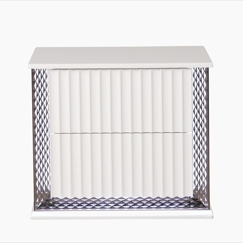 Table de chevet à 2 tiroirs de style contemporain avec accents latéraux à motif de losanges avec éclairage DEL et bois au fini blanc