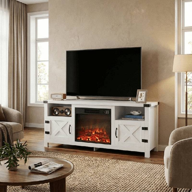 58" W Farmhouse TV Stand Fireplace, White