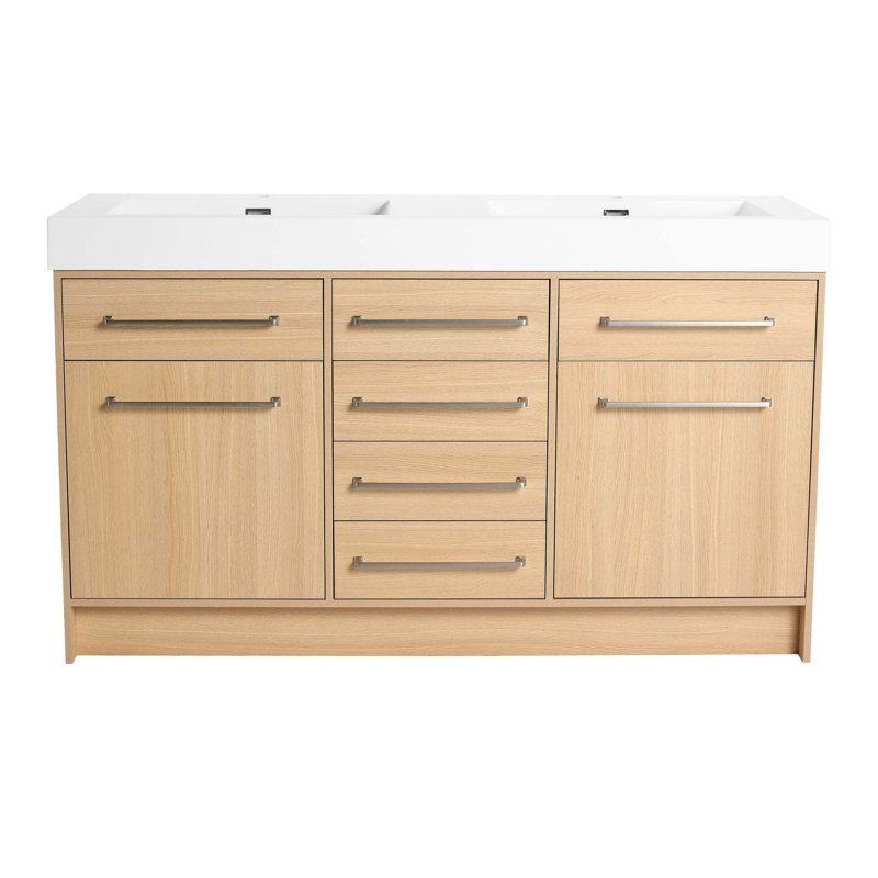 Meuble-lavabo autoportant de 60 po avec lavabo double en résine, 2 portes à fermeture douce et 6 tiroirs à fermeture douce, chêne original, contreplaqué