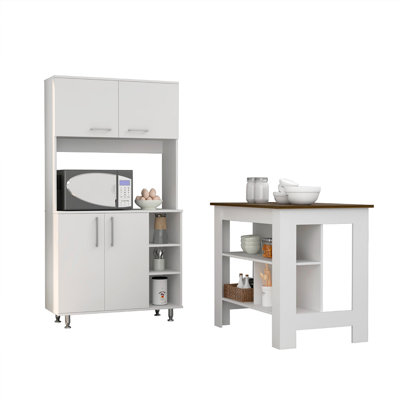 Ralston 7-Shelf 4-Door 2-Piece Kitchen Set, Kitchen Island And Pantry Cabinet White And Walnut