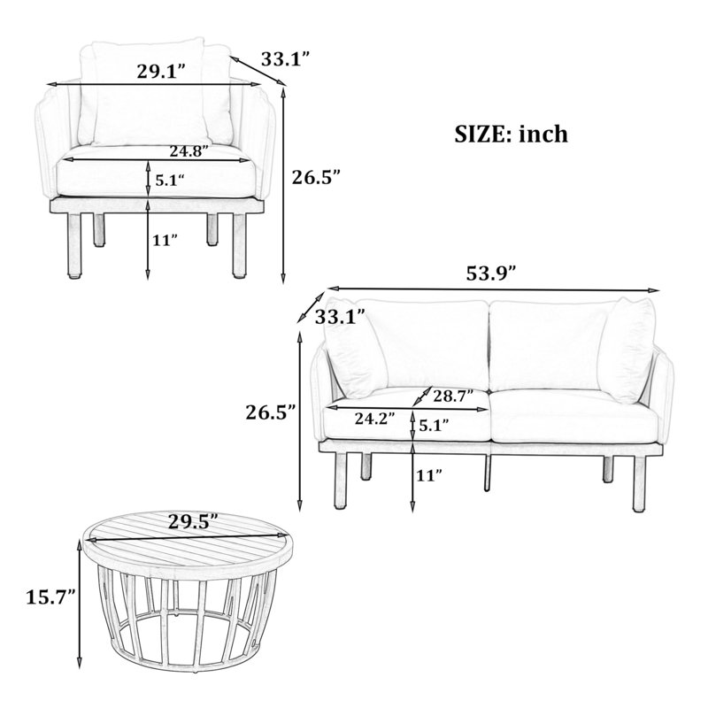 Ensemble de conversation luxueux avec cadre en fer et table basse en bois d'acacia pour divers espaces