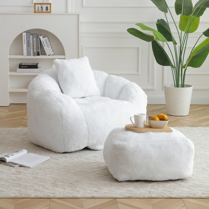 Fauteuil à billes géant avec repose-pieds, Fausse fourrure blanche
