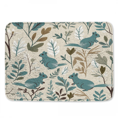Teal Squirrels With Leaves Bath Mat