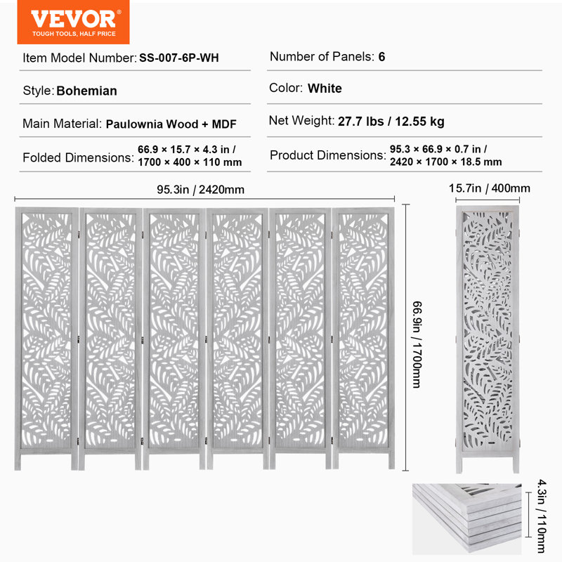 Wood Room Divider, 6 Panel Wood Folding Privacy Screen, 66.9 Inches Tall Indoor Carved Partition Divider