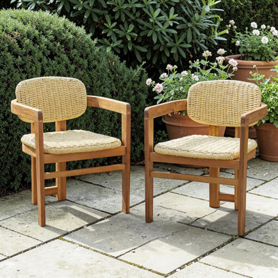 Chaises de salle à manger en rotin tissé, chaises d'extérieur en bois d'acacia (ensemble de 2)